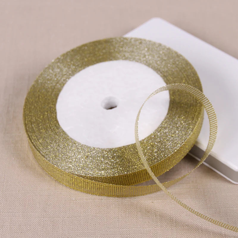 25Y 6mm Glitter Silk Satin Ribbon – Silver/Gold