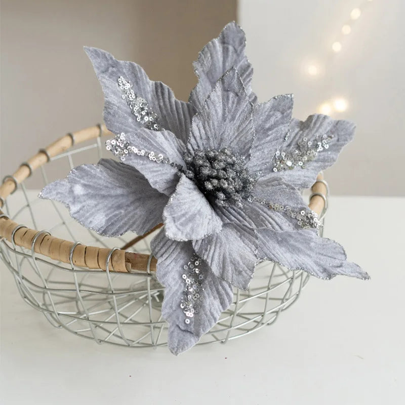 Large Glitter Velvet Christmas Flower – 26CM Artificial Ornament for Tree & Home Décor