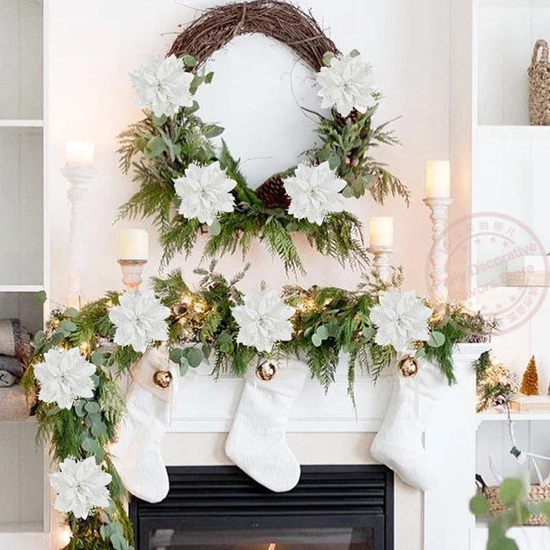 Glitter Poinsettia Flowers – 15CM Artificial Christmas Flower Ornaments (5/10PCS)