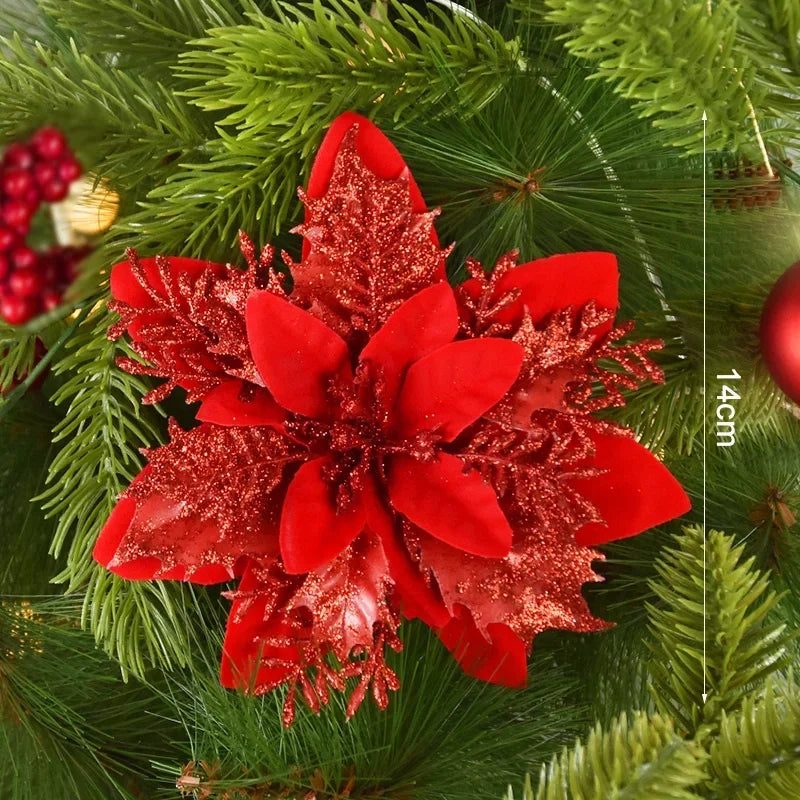 Glitter Poinsettia Flowers – 15CM Artificial Christmas Flower Ornaments (5/10PCS)
