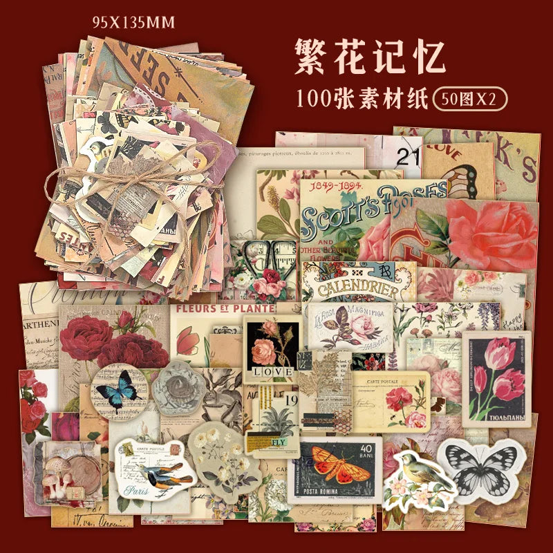 100PCS Retro Scrapbook Paper Set – DIY Collage, Journal & Album Craft Materials