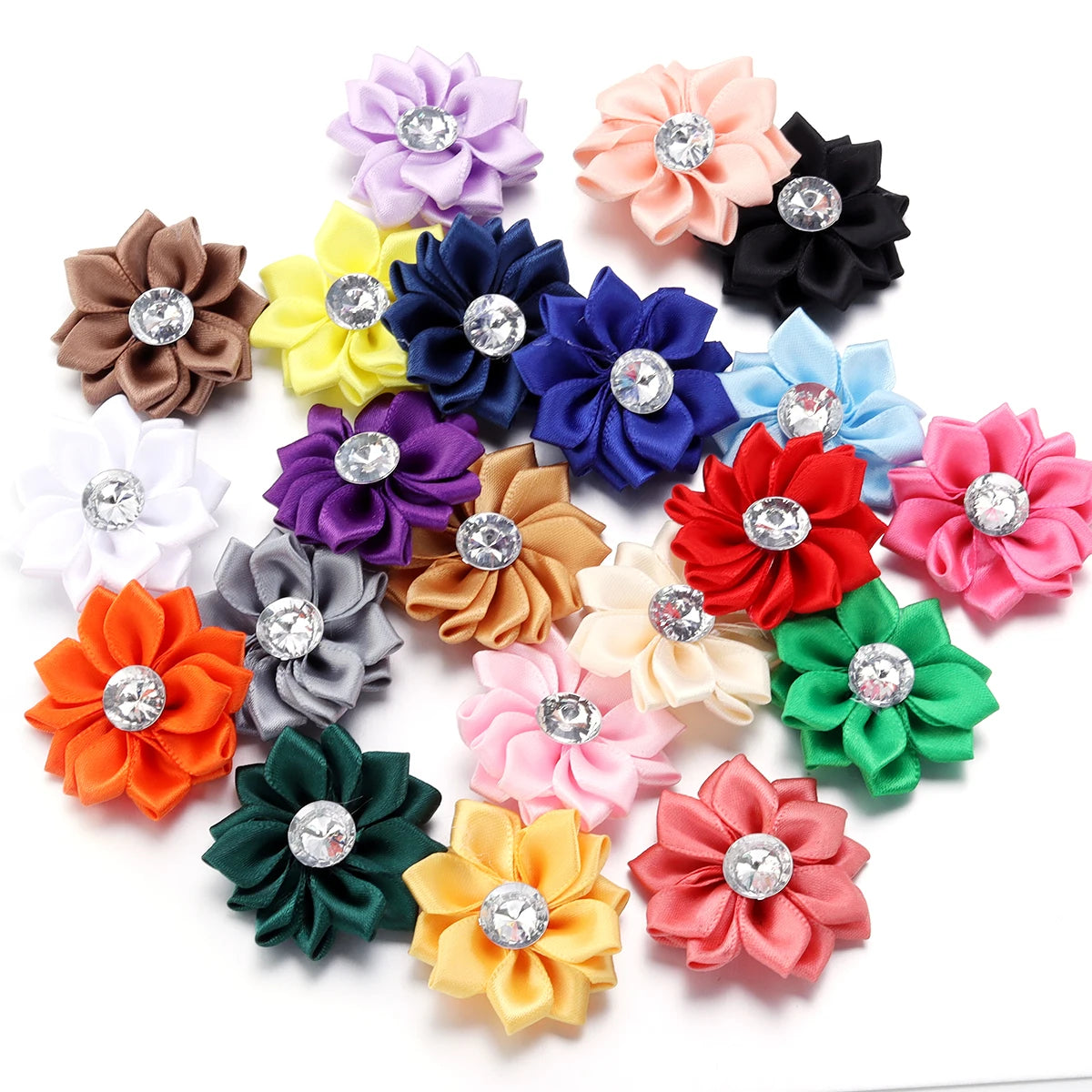 Mini Satin Ribbon Flowers with Rhinestones – 20pcs (40mm)