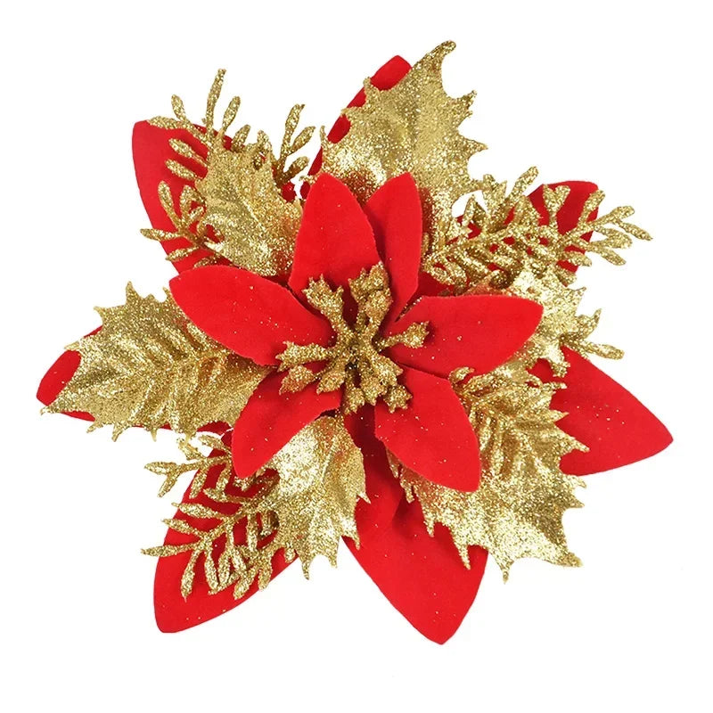 Glitter Poinsettia Flowers – 15CM Artificial Christmas Flower Ornaments (5/10PCS)