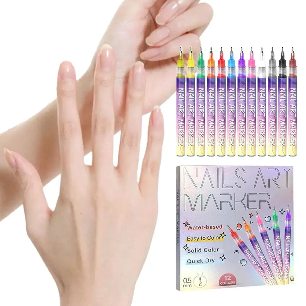 12PCS Nail Art Graffiti Pens – Waterproof, Quick-Dry Acrylic Nail Pens