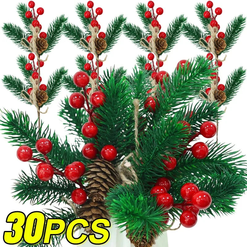 Christmas Pine & Red Berry Branches – Artificial Pine Needle Stems for DIY Wreaths & Décor (1/30PCS)