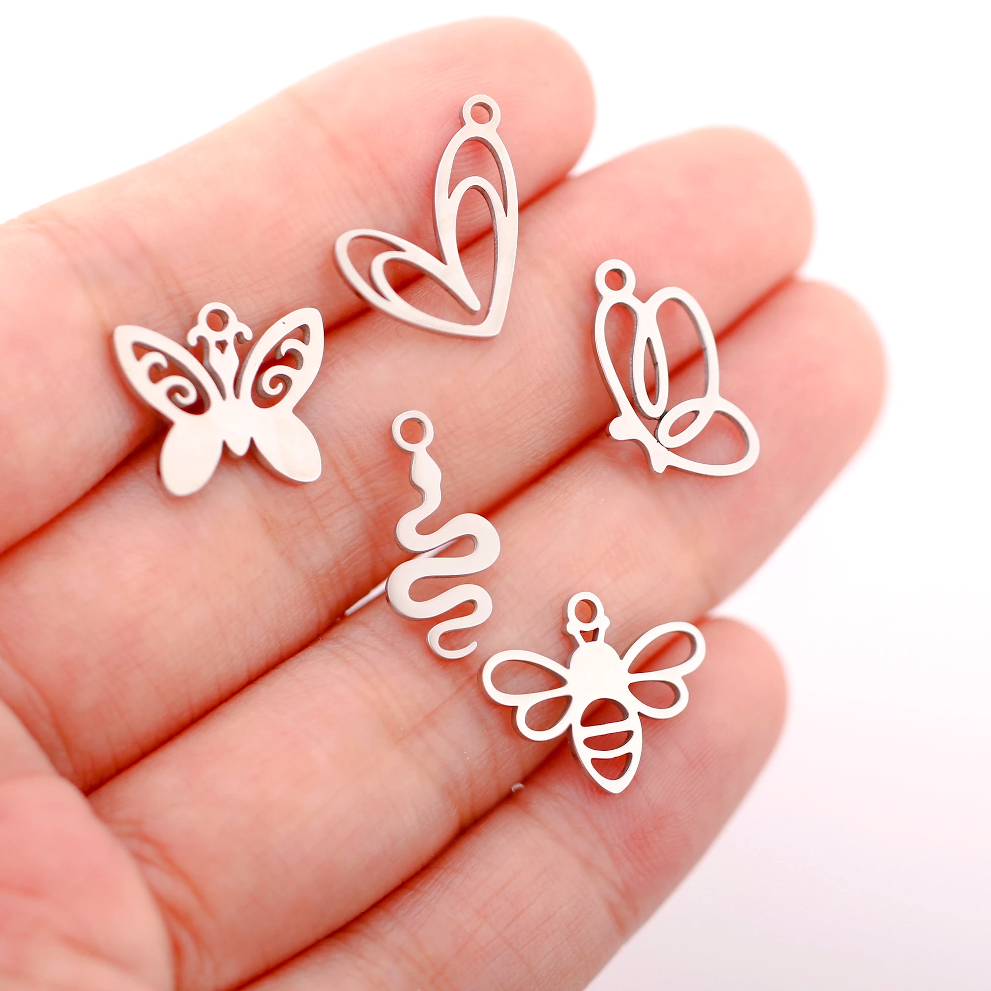 Mixed Animal Charms Set – Stainless Steel Bee, Butterfly, Owl & Heart Pendants (5PCS)