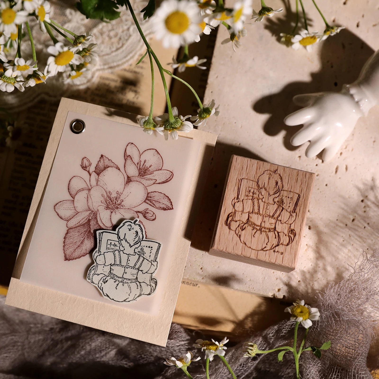 Vintage Flower & Bear Wooden Rubber Stamp – DIY Scrapbooking & Card Making