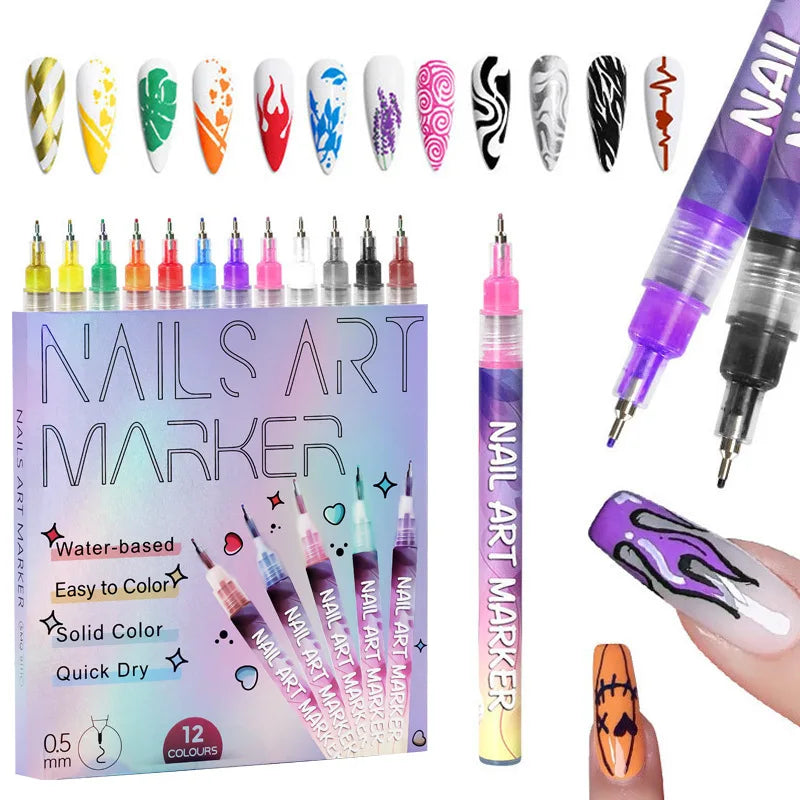 12PCS Nail Art Graffiti Pens – Waterproof, Quick-Dry Acrylic Nail Pens