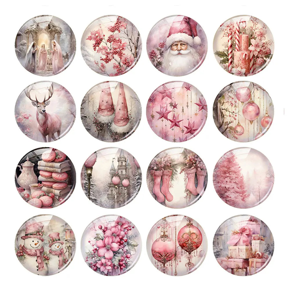 Handmade Christmas X-mas Winter Pink Gnomies Deer Snowman Bells Photo Glass Cabochon Flatback Demo Cameo For Diy Jewelry Making