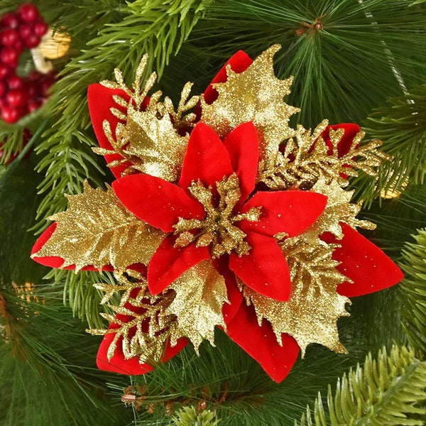 Glitter Poinsettia Flowers – 15CM Artificial Christmas Flower Ornaments (5/10PCS)