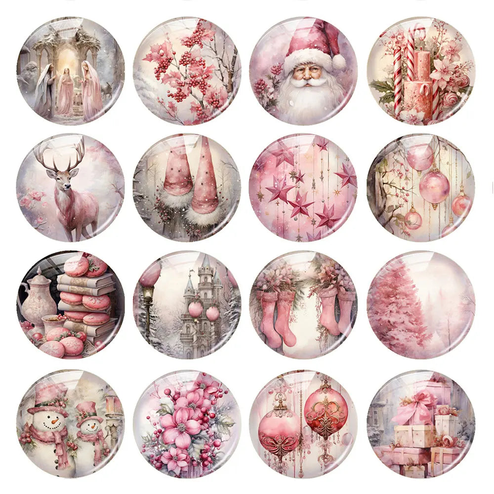 Handmade Christmas X-mas Winter Pink Gnomies Deer Snowman Bells Photo Glass Cabochon Flatback Demo Cameo For Diy Jewelry Making