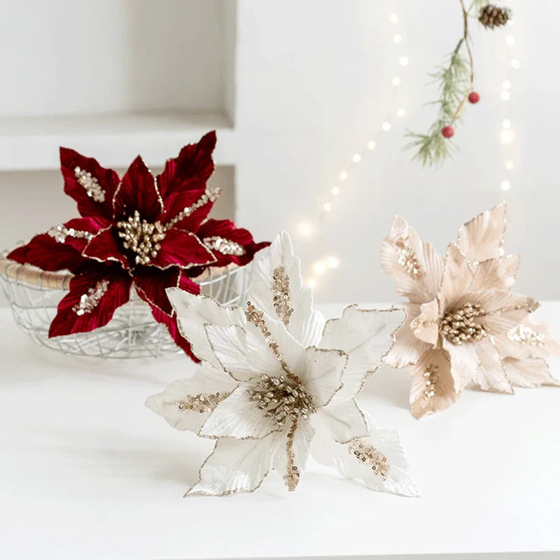 Large Glitter Velvet Christmas Flower – 26CM Artificial Ornament for Tree & Home Décor