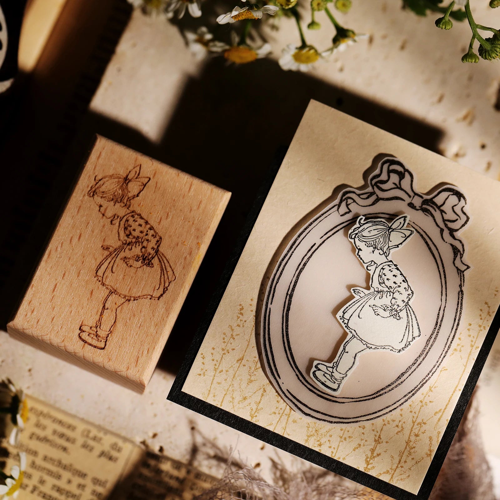 Vintage Flower & Bear Wooden Rubber Stamp – DIY Scrapbooking & Card Making