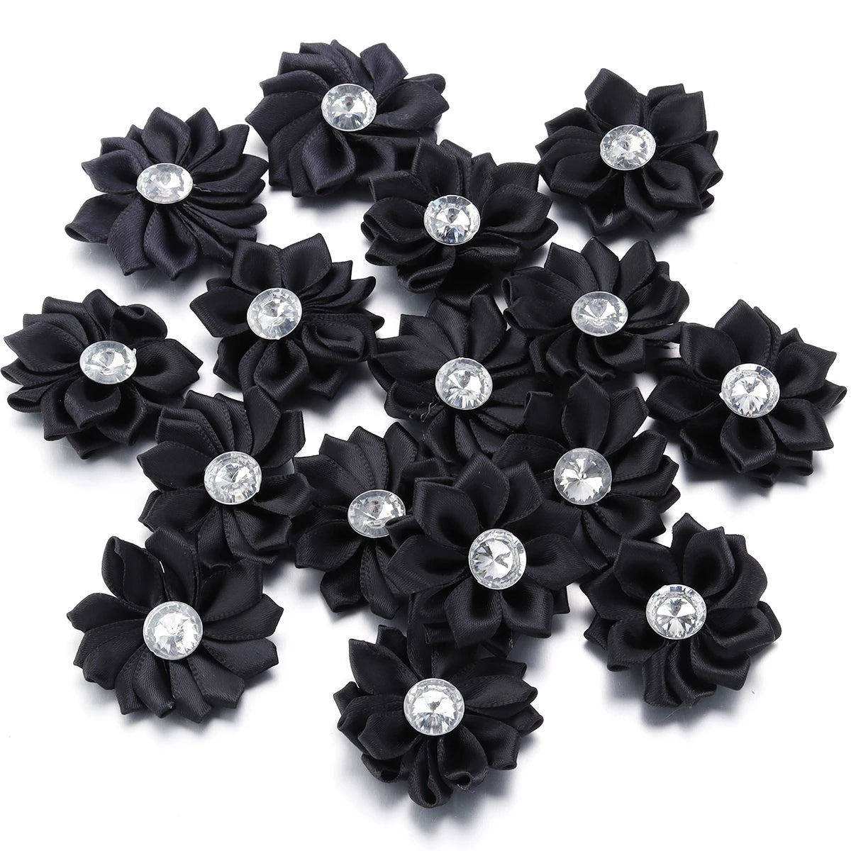 Mini Satin Ribbon Flowers with Rhinestones – 20pcs (40mm)