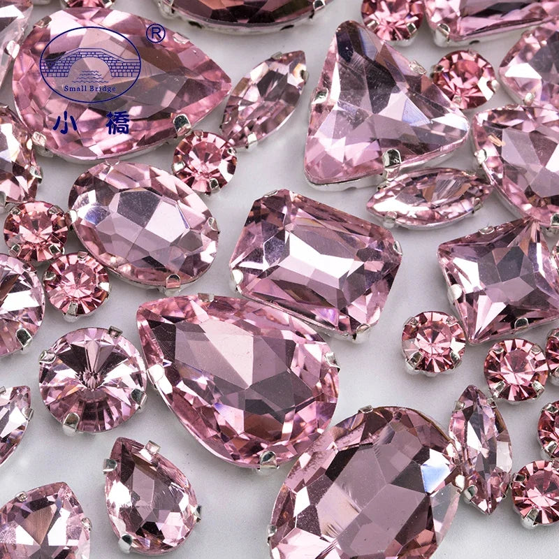 Glitter Mixed Shape Pink Glass Rhinestones – 50pcs Flatback Sew-On Craft Gems