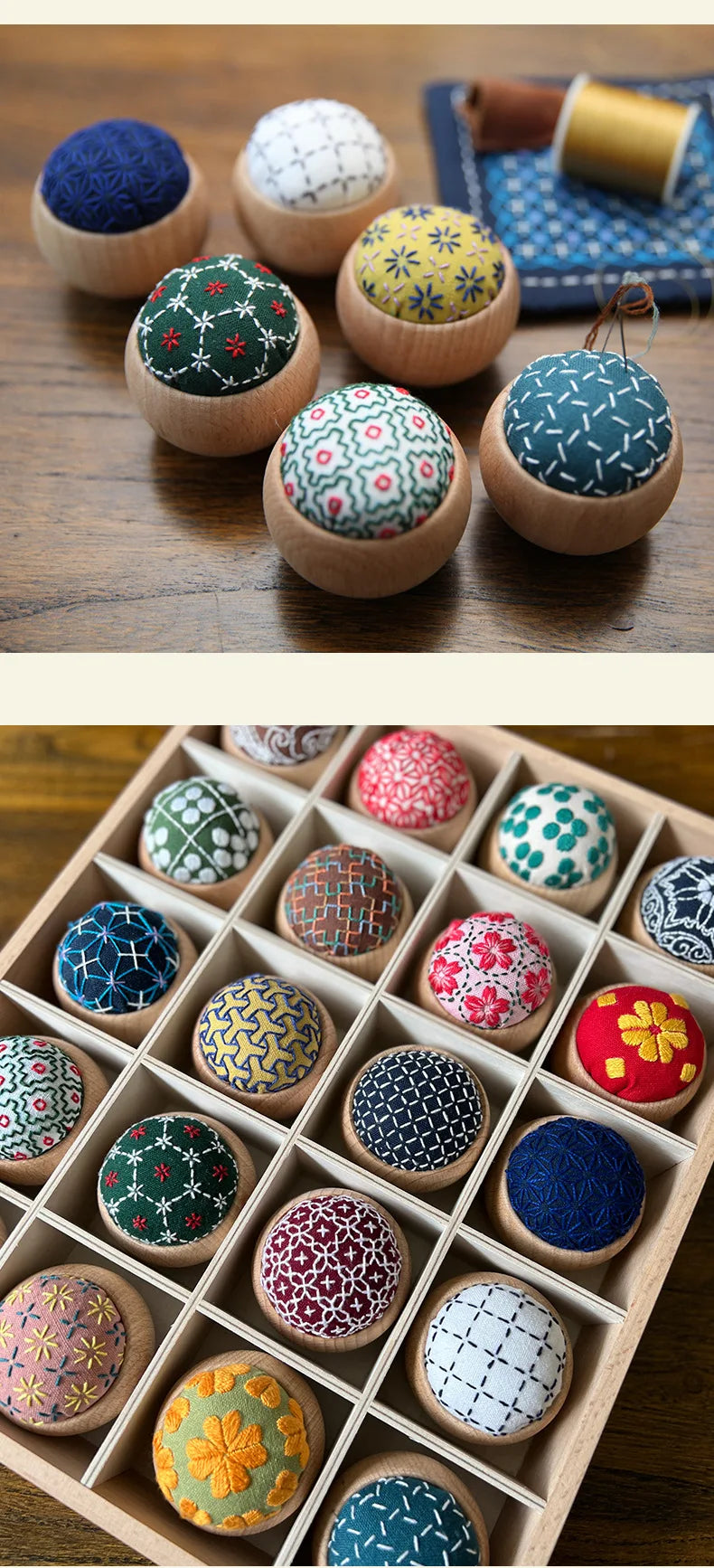 DIY Sashiko Pin Cushion with Wooden Base