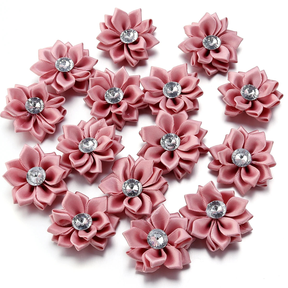 Mini Satin Ribbon Flowers with Rhinestones – 20pcs (40mm)