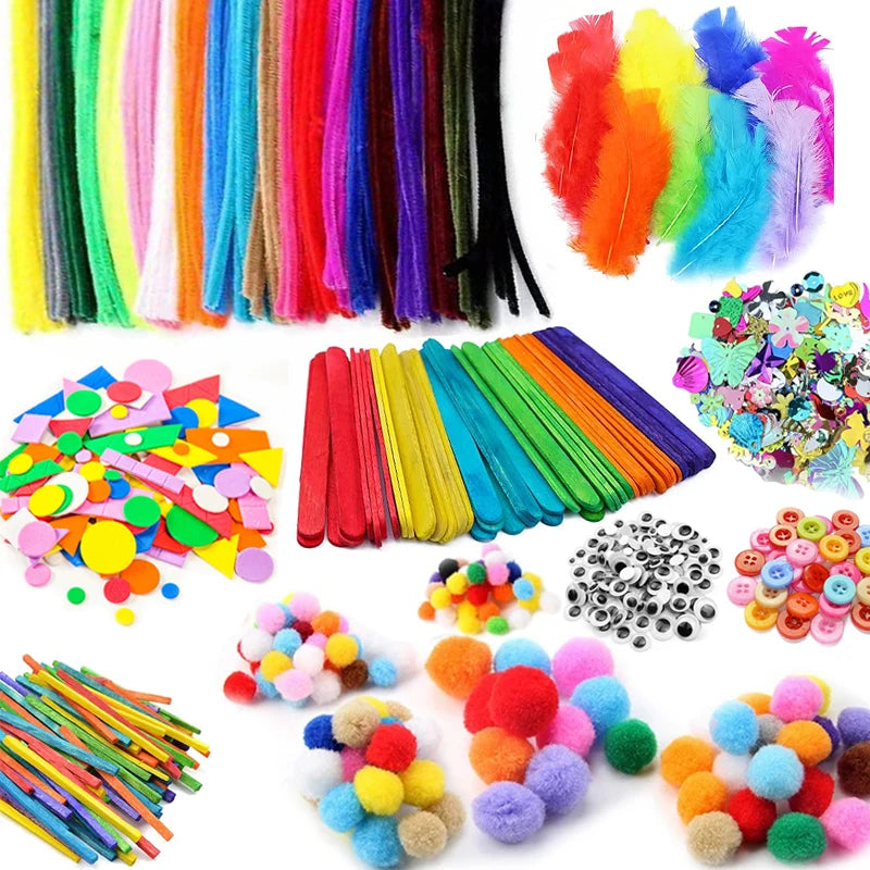 1000pcs Kids Craft Supplies Kit – Pipe Cleaners, Pompoms, Stickers, Feathers & Felt