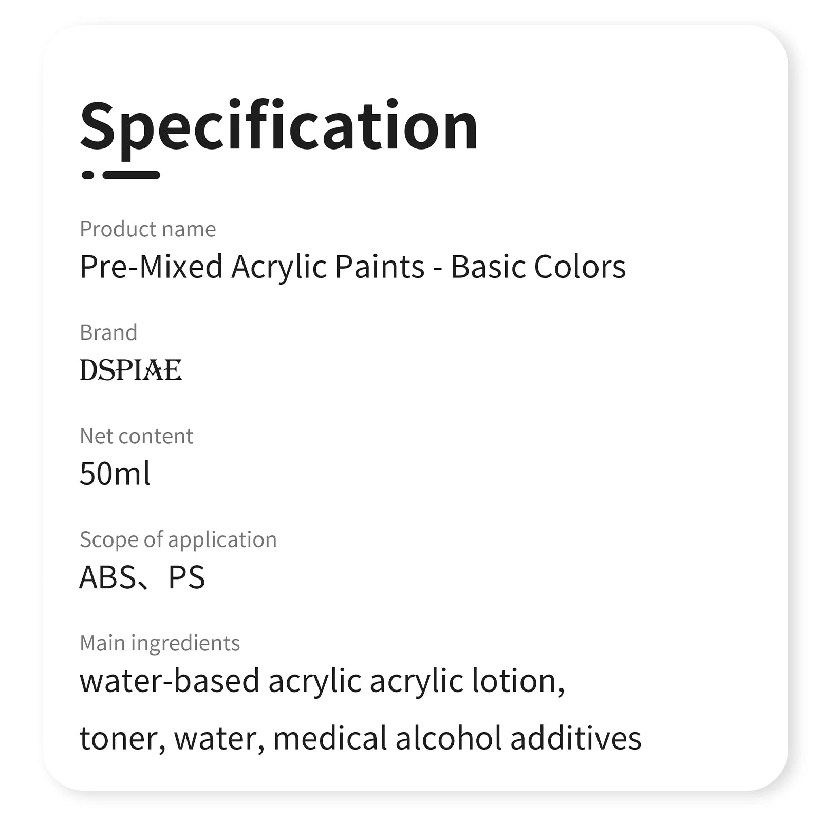 DSPIAE XG Series 50ml Pre-Mixed Water-Based Paint
