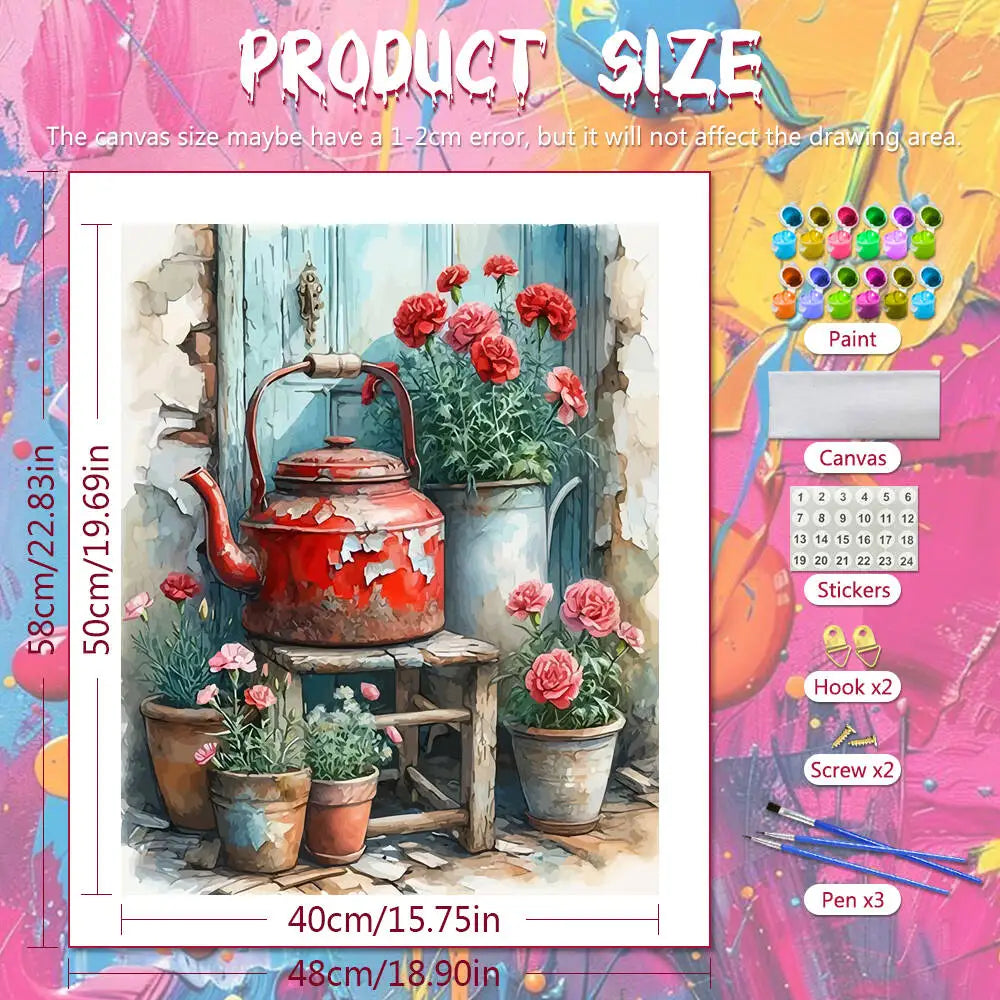 DIY Digital Oil Painting Kettle Flower – Paint by Numbers Canvas Kit