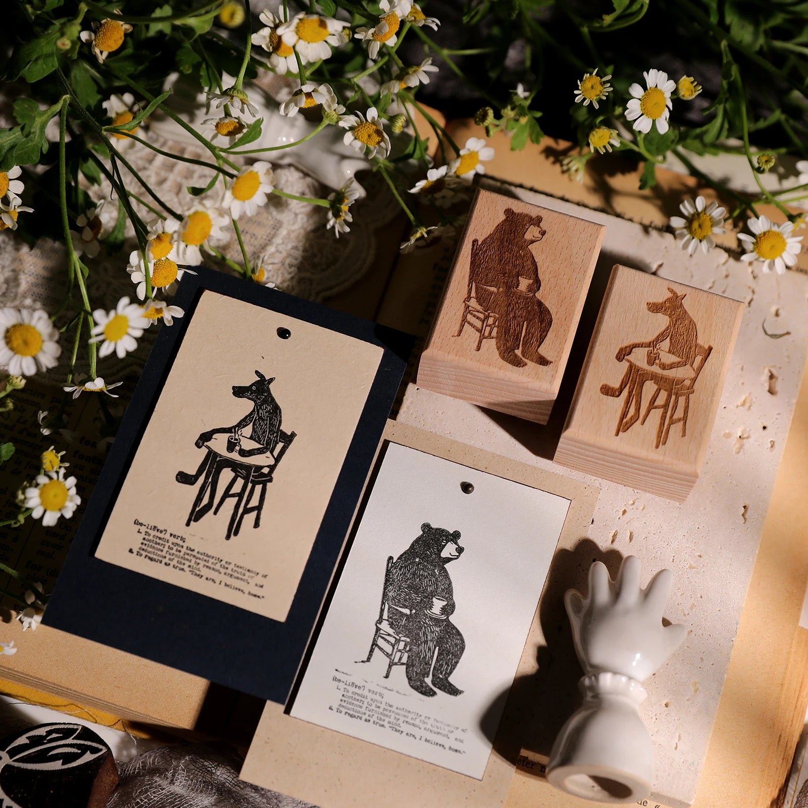 Vintage Flower & Bear Wooden Rubber Stamp – DIY Scrapbooking & Card Making