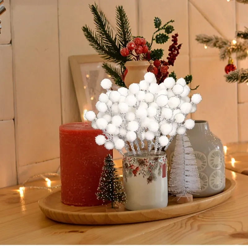 Snow-Tipped White Berry Branches – Artificial Christmas Stems for Wreaths & Décor (5/50PCS)