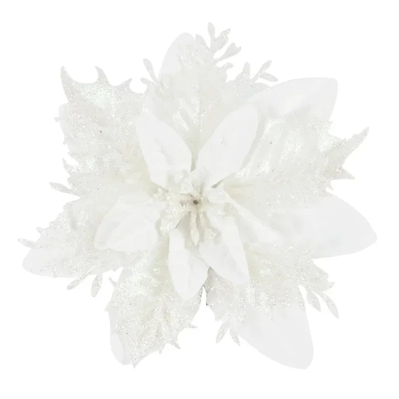 Glitter Poinsettia Flowers – 15CM Artificial Christmas Flower Ornaments (5/10PCS)