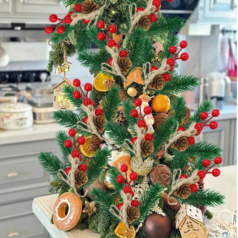 Christmas Pine & Red Berry Branches – Artificial Pine Needle Stems for DIY Wreaths & Décor (1/30PCS)