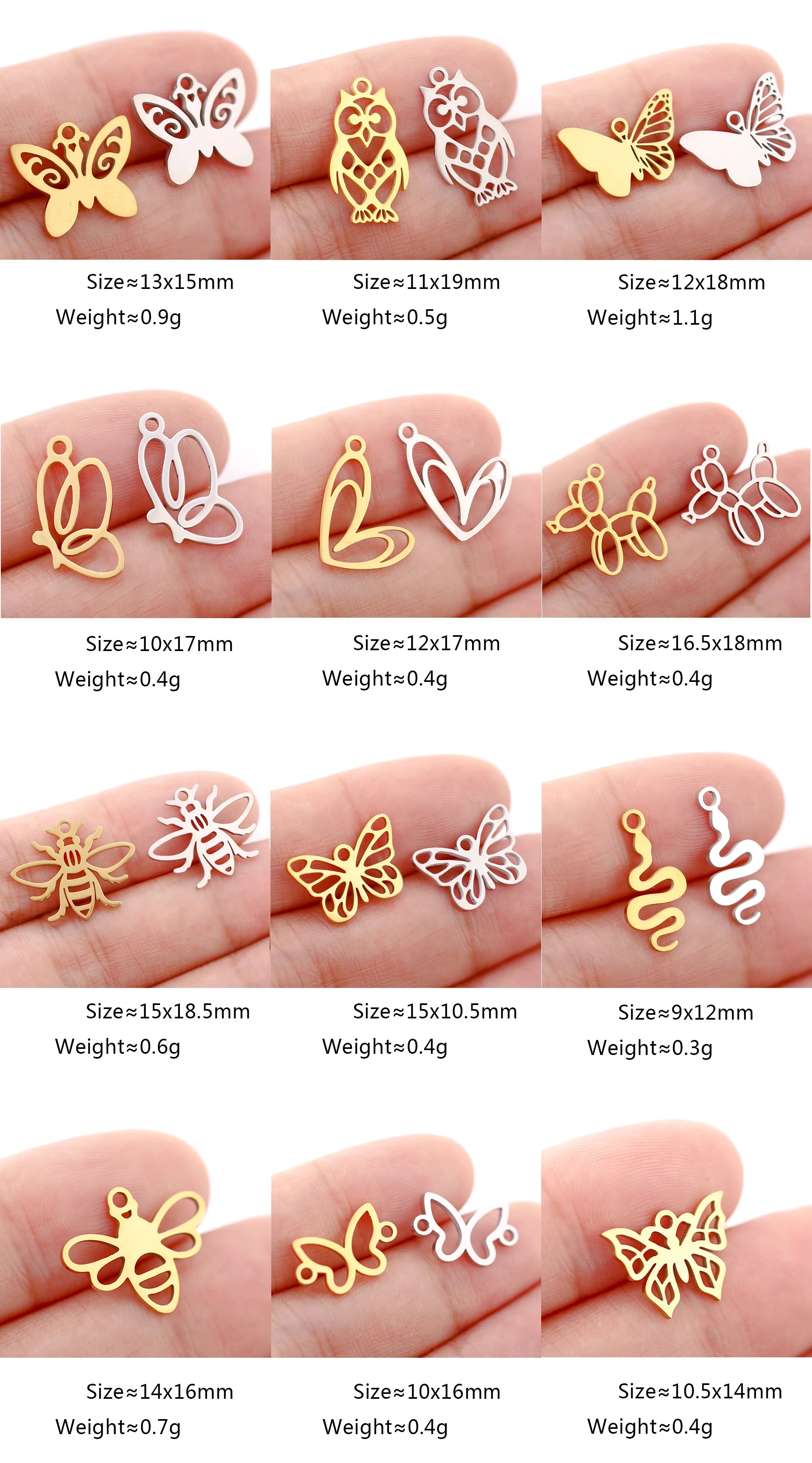 Mixed Animal Charms Set – Stainless Steel Bee, Butterfly, Owl & Heart Pendants (5PCS)