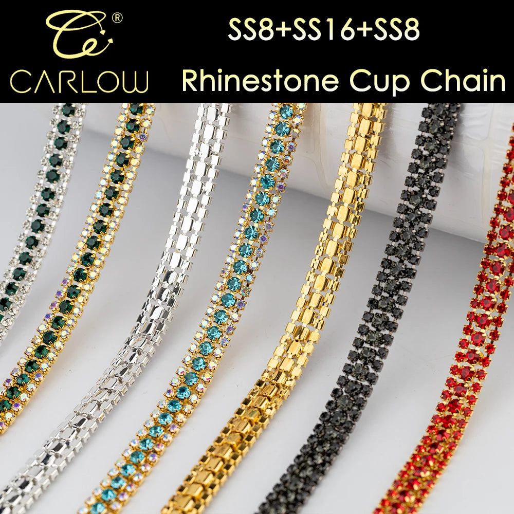 CARLOW AAAAA 3-Row Rhinestone Cup Chain – Gold Base