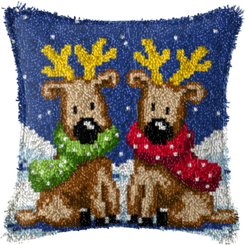 Snowman & Elk Latch Hook Kit – DIY Crochet Rug & Cushion Embroidery Set