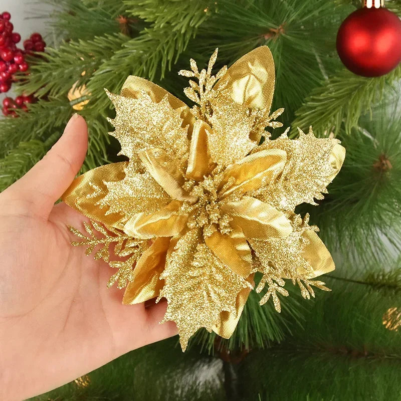 Glitter Poinsettia Flowers – 15CM Artificial Christmas Flower Ornaments (5/10PCS)