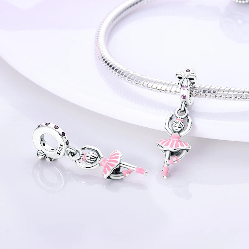 925 Sterling Silver Pink Ballet Girl Pendant – DIY Jewelry Charm for Bracelet & Necklace