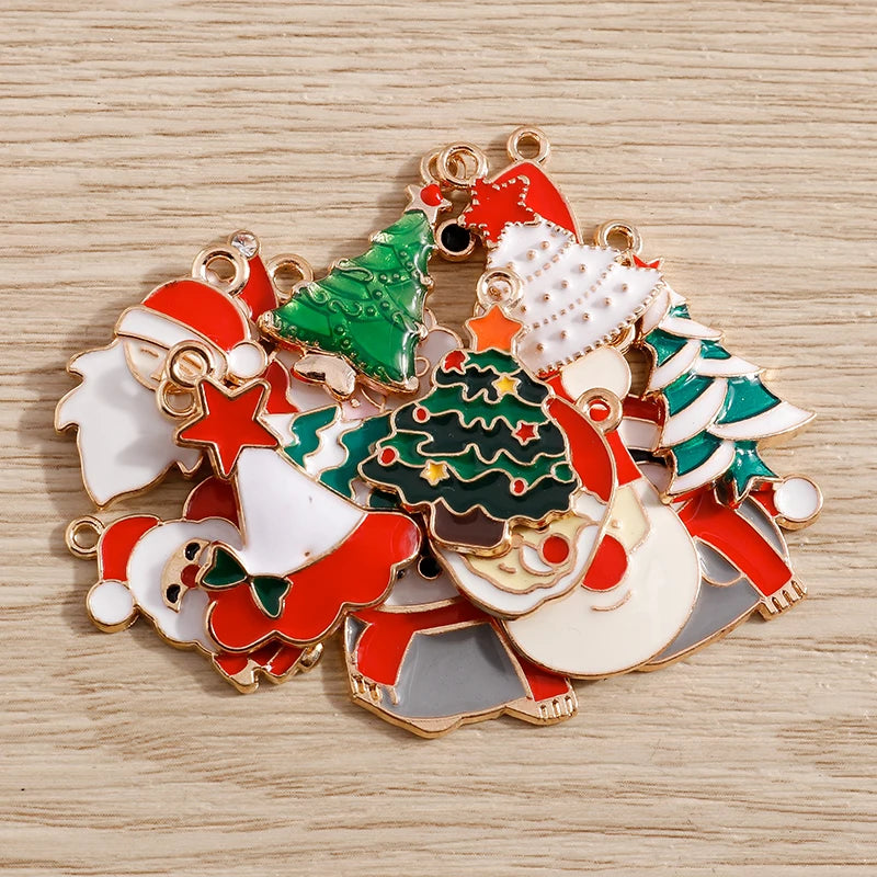Christmas Enamel Charms – 10PCS Deer, Santa, Tree & Bell Pendants for DIY Jewelry
