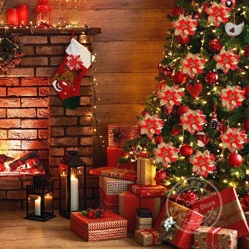 Glitter Poinsettia Flowers – 15CM Artificial Christmas Flower Ornaments (5/10PCS)