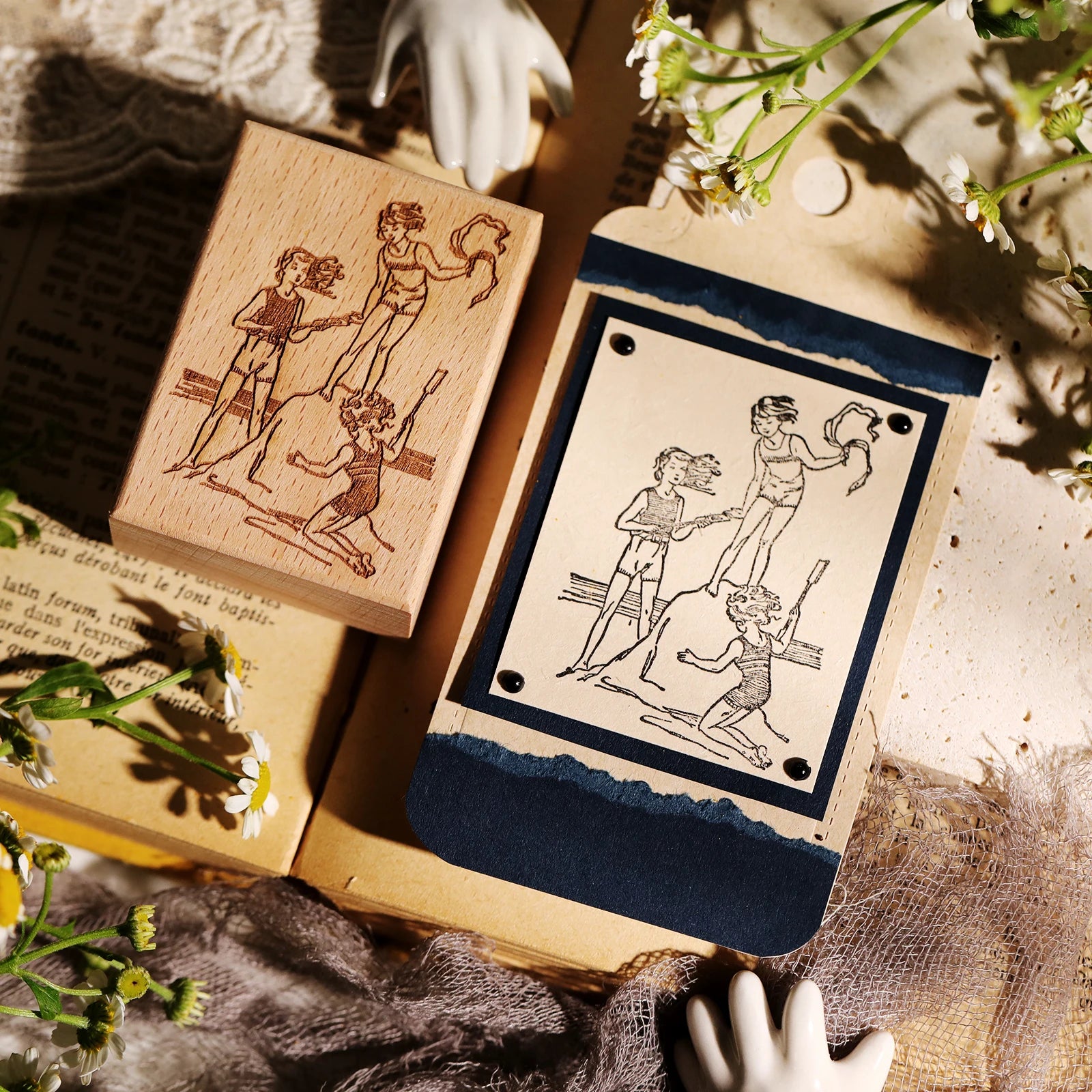 Vintage Flower & Bear Wooden Rubber Stamp – DIY Scrapbooking & Card Making