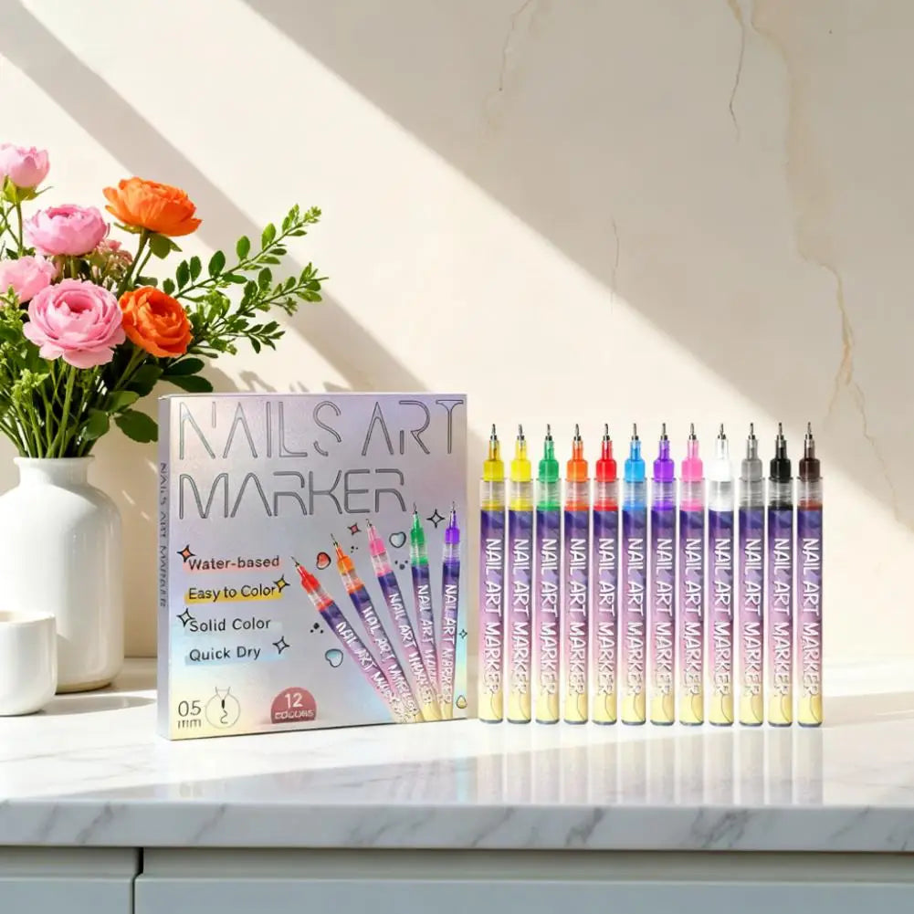 12PCS Nail Art Graffiti Pens – Waterproof, Quick-Dry Acrylic Nail Pens