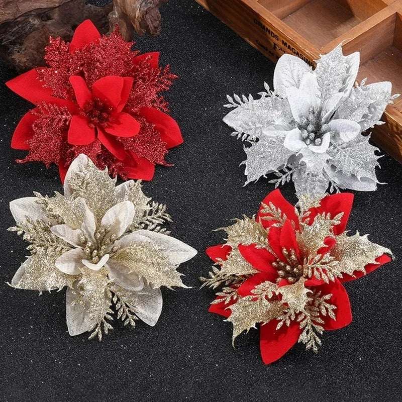Glitter Poinsettia Flowers – 15CM Artificial Christmas Flower Ornaments (5/10PCS)