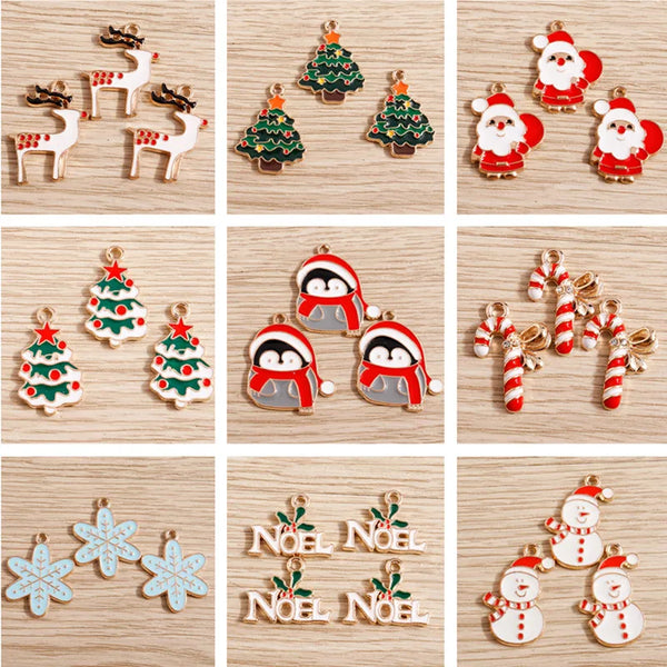 Christmas Enamel Charms – 10PCS Deer, Santa, Tree & Bell Pendants for DIY Jewelry