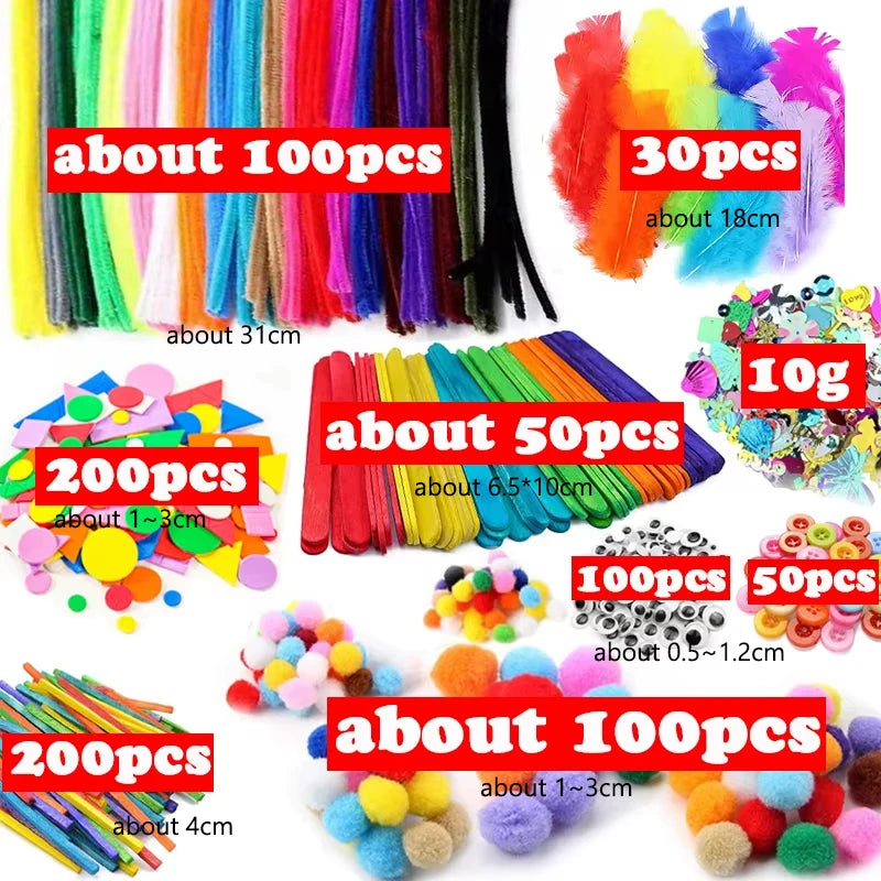 1000pcs Kids Craft Supplies Kit – Pipe Cleaners, Pompoms, Stickers, Feathers & Felt
