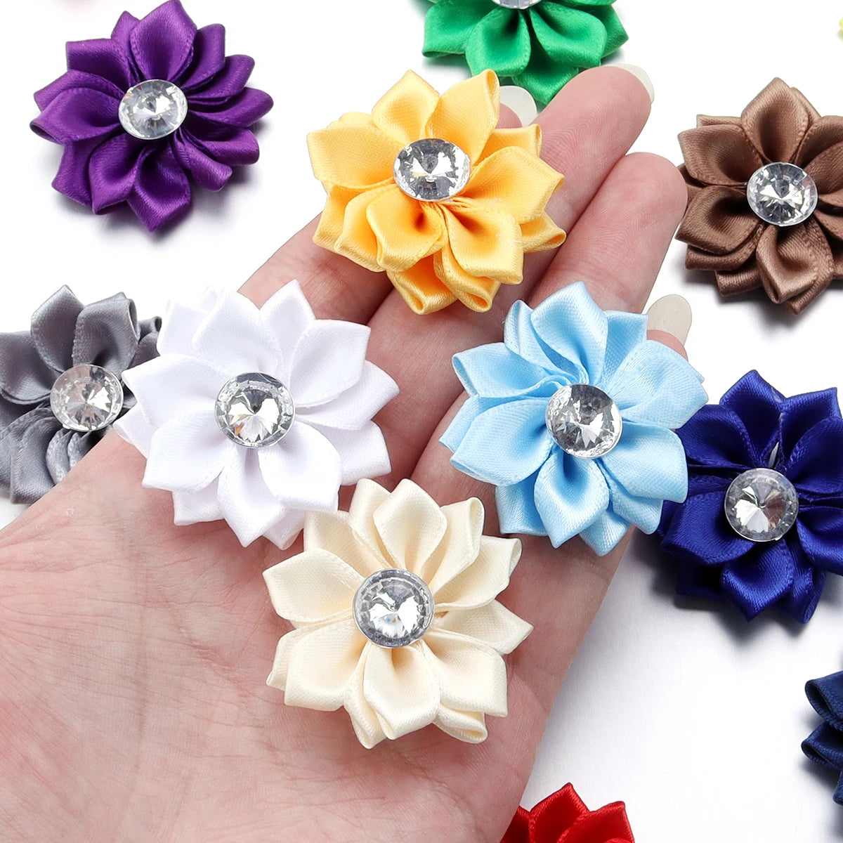Mini Satin Ribbon Flowers with Rhinestones – 20pcs (40mm)