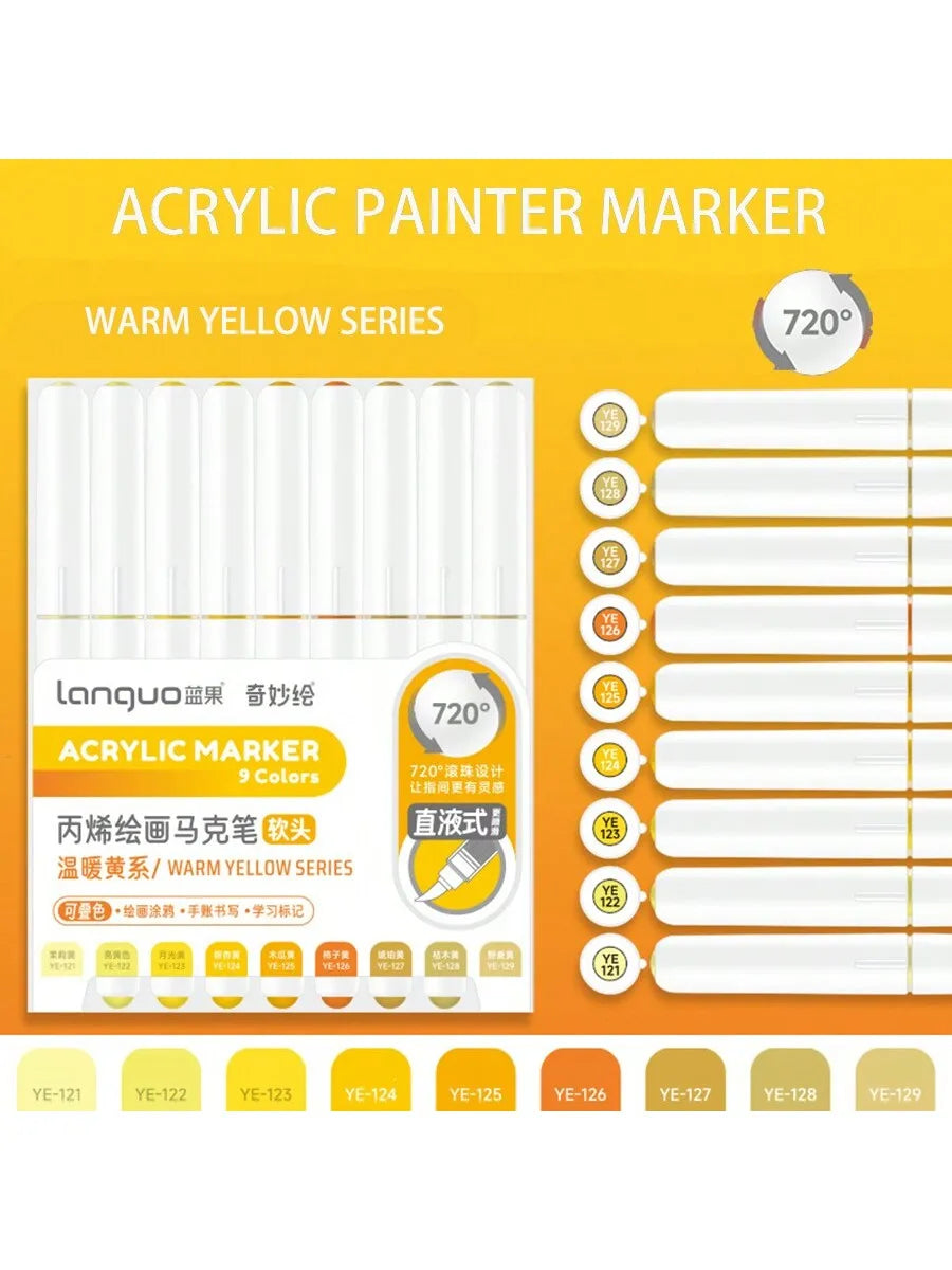 Acrylic Marker Pen Set – 9PCS Soft Brush DIY Paint Art Markers for Students