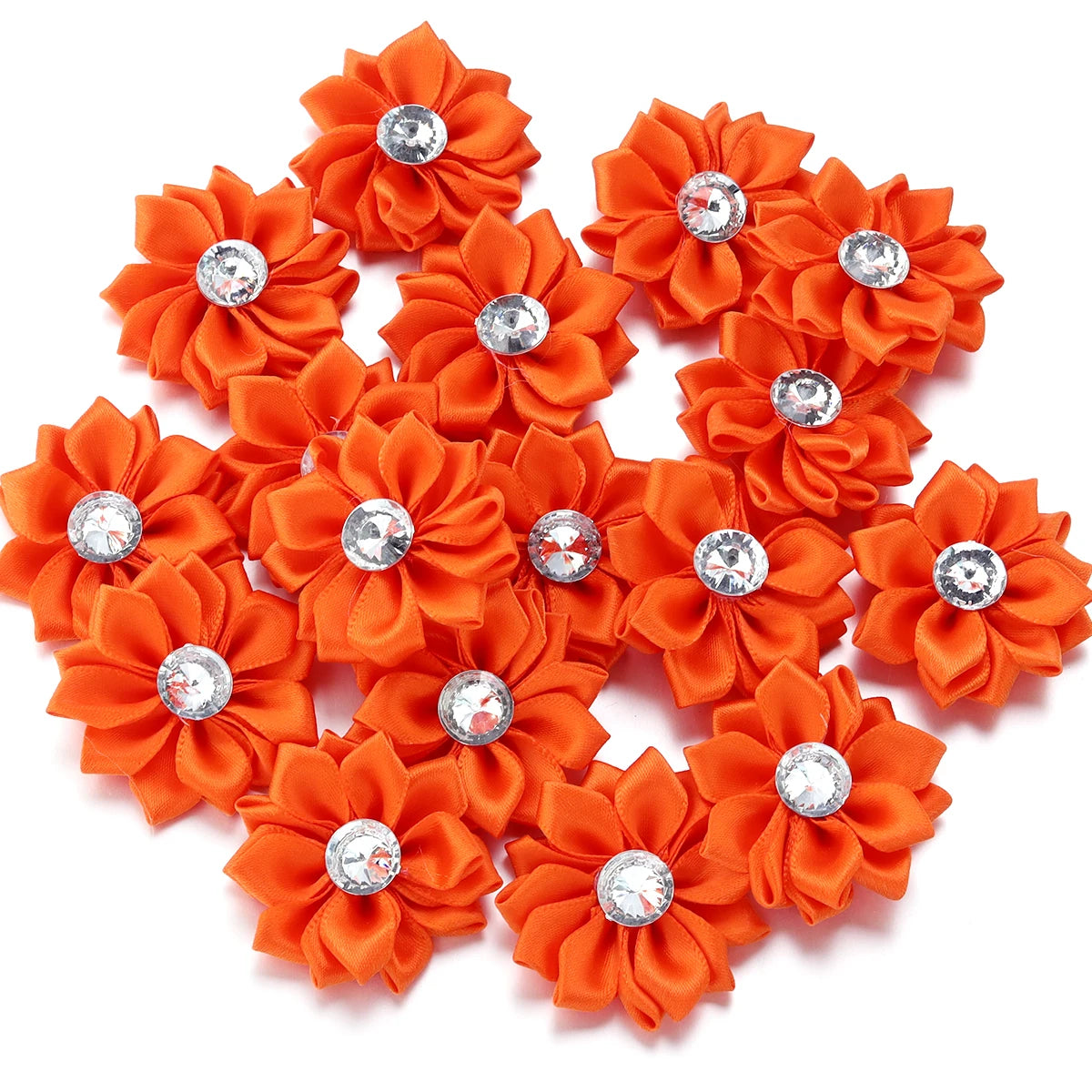Mini Satin Ribbon Flowers with Rhinestones – 20pcs (40mm)
