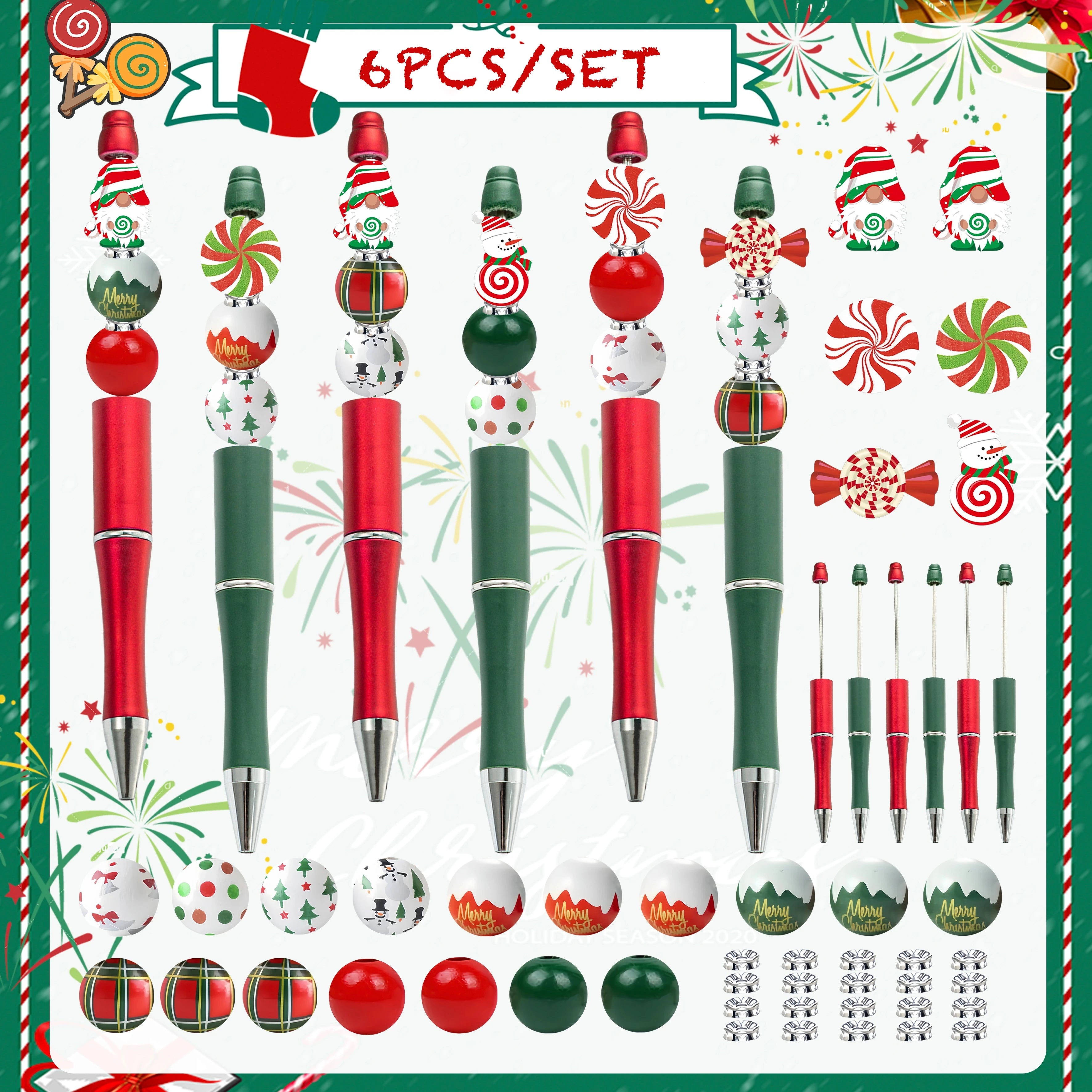 Christmas DIY Bead Pens Kit – 6PCS Snowman & Candy Themed Craft Supplies