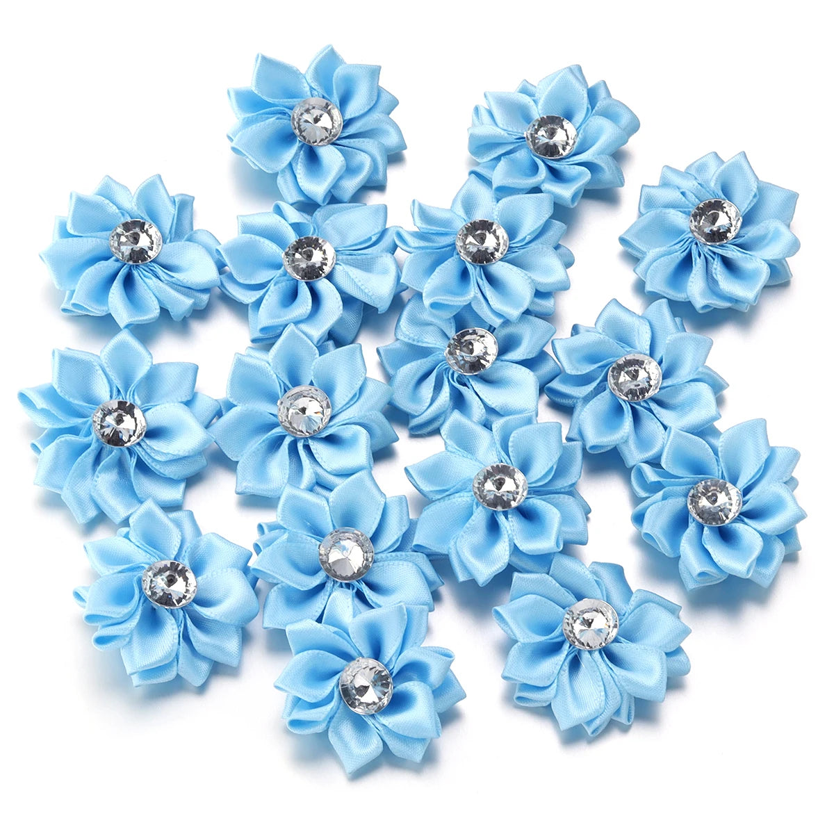 Mini Satin Ribbon Flowers with Rhinestones – 20pcs (40mm)