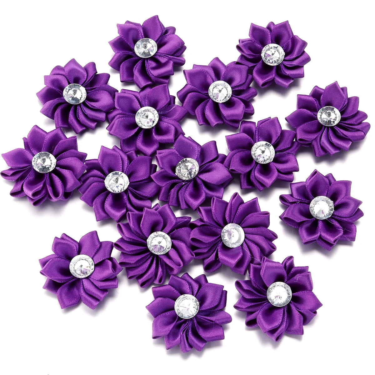 Mini Satin Ribbon Flowers with Rhinestones – 20pcs (40mm)