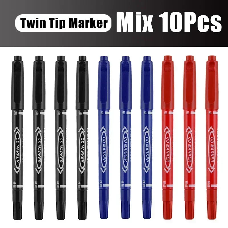 Twin Tip Permanent Markers – Black, Blue, Red (5/10 Pack)