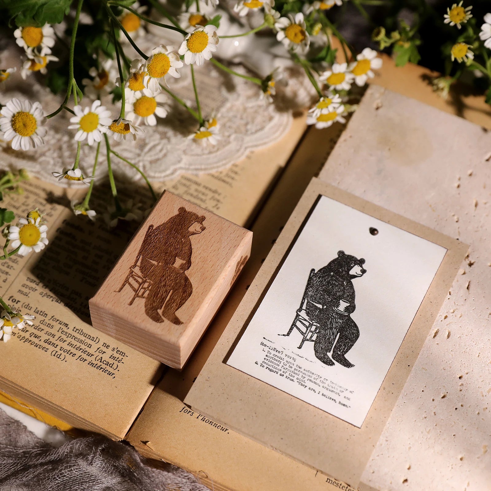 Vintage Flower & Bear Wooden Rubber Stamp – DIY Scrapbooking & Card Making