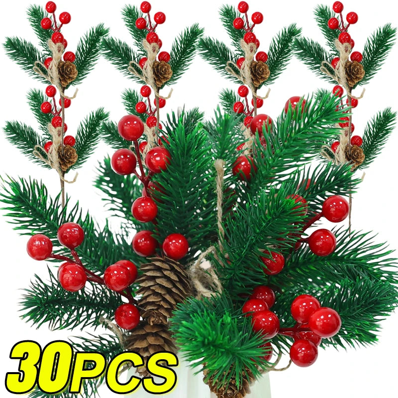 Christmas Pine & Red Berry Branches – Artificial Pine Needle Stems for DIY Wreaths & Décor (1/30PCS)