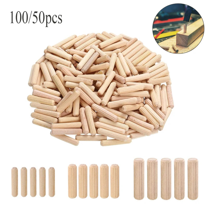 50/100pcs Wooden Dowel Pins – Round Fluted Wood Rods for Furniture & Crafts